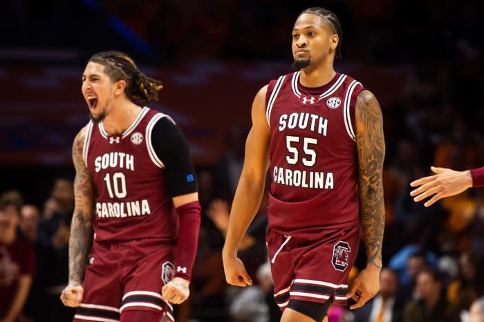 Ta'Lon Cooper and South Carolina guard Myles Stute react after Cooper made a three-point shot in the final seconds versus Tennessee (30th Jan., 2024)